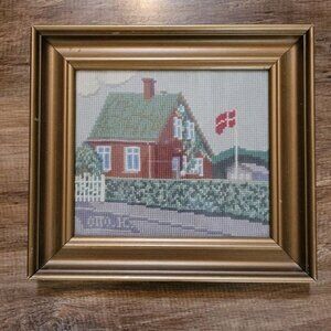 1959 Vintage Danish Denmark Needlepoint House Wall Art photo frame decoration